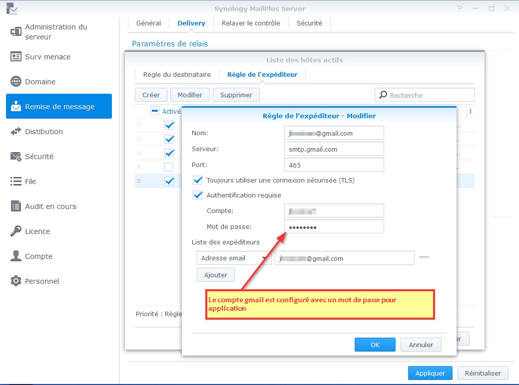 MailPlus server comme serveur mandataire Problème d'envoi avec compte gmail